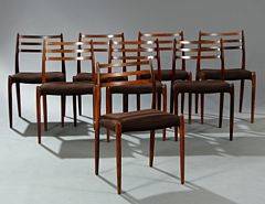 Niels O. Møller Et sæt på otte stole af palisander. Sæder betrukket med brun alkantara. Model 78. Udført hos J. L. Møller. 8