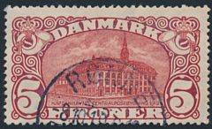 1915. 5 kr. Posthus, brunrød. Vm.IV. Annulleret RØNNE 8.10.19