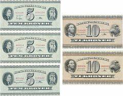 5 kr 1952 A0, 1952 A1, 1955 A5, Sieg 128, 10 kr 1954 C0, Sieg 131, 10 kr 1955 D0, Sieg 132, i alt 5 stk.