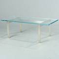 Dansk møbeldesign Sofabord med stel af børstet rustfrit stål, top med 20 mm glasplade. Udført for JENSENplus, Randers. H. 33,5. L. 100. B. 40.