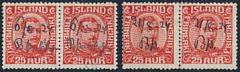 1920. Chr.X. 25 aur, rød. 2 parstykker, begge blæk-annullerede. Usædvanligt.