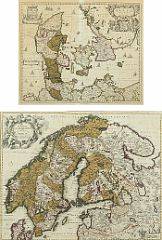 Nicolaus Wisscher La Scandiæ and Daniæ. Two handcoloured copperplates. Visible size 57 x 72.5 and 47 x 57 cm. 2