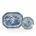 Kinesisk fad og ottesidet tallerken af porcelæn, dekoreret i underglasur blå. Qianlong 1736-1795. L. 37 cm. Diam. 23 cm. 2