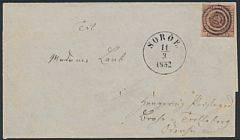 1851. 4 RBS Ferslew. Pænt brev annulleret med centralt stumt-stempel samt sidestemplet SOROE 11.3.1852. Fint brevomslag uden folder