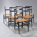 Gio Ponti Superleggera. Sæt på seks stole af sortbejdset ask med sæde af flet. Udført hos Cassina, Italien. 6