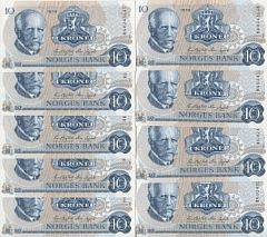 Norge, 10 kr 1979 HG - erstatningssedler, Pick -, 9 stk, ucirkulerede