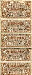 10 kr 1944 5 stk., 10 kr 1947 h, 100 kr 1956 o, Sieg 120, 122, 126, i alt 7 stk.