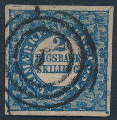 1852. 2 RBS Thiele. Plade I, nr. 72. Type 6. Nydeligt mærke med let nr.stempel 1. Attester Grønland og Royal Phil. Society
