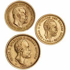 Sverige, Oscar II, 10 kr 1876, SM 26, F 94a, 5 kr 1886, 1901, SM 37, 40, F 95, 95a, i alt 3 stk. i varierende kvalitet