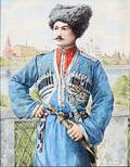 Nikolai Sergeevich Matveev Portræt af Kuban-kosakken, Kaptajn Abatsiev. Sign. N. Matveev med kyrilliske bogstaver. Vandfarve på papir. 47 x 37.