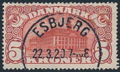 1915. 5 kr. Posthus, brunrød. Vm.IV. LUXUS-stempel ESBJERG 22.3.20.