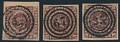 1853. 4 RBS Thiele II, sortbrun. Plade II, nr. 1, 12 og 56. 3 mærker i udsøgt kvalitet incl. pos. 1 med marginaldel og pos. 56 med LUX-stempel 67. En attest