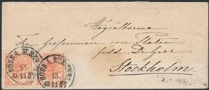 1864. 4 sk. rød. Parstykke på PRAGT-brev til Stockholm, annulleret med SVENSKE stempler.