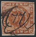 1858. 4 sk. brun. Med HÅNDSKREVEN nr.stempel 77 VIBORG.