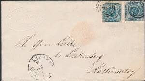 1854. 2 sk. blå. 2 stk. på LANDSPORTOBREV fra København til Kalundborg. Usædvanlig frankering