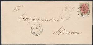 GLOSTRUP lap. VIa på brev til København. Sjælden i sort farve. Senest registrerede brug 23..10.1871. Dana nr. 14a, kr. 1.500,-