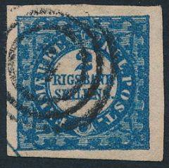 1852. 2 RBS Thiele. Plade I, nr. 50. Type 10. Pragteksemplar med intens dyb blå farve og jumbo-rande. Udstillingskvalitet. Attest Kaiser