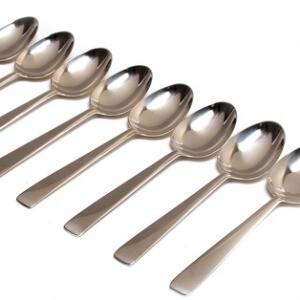 Anne Lise Bjørner, Rigmor Andersen Margrethe. Otte dessertskeer af sterlingsølv. Udført hos Georg Jensen, efter 1945. 8