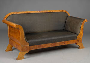 Karl Johan sofa af flammet birketræ, Sverige ca. 1830