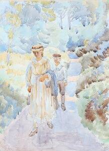 Peter Hansen Havegang med en ung kvinde og en dreng. Sign. P. H. 1917. Vandfarve og bly på papir monteret på papir. Bladstørrelse 38 x 27.