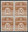 1930. Bølgelinie. 10 øre, rødbrun. Postfrisk 4-BLOK. AFA 2000