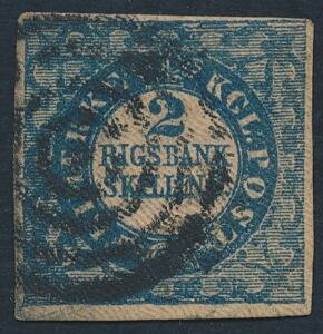 1851. 2 RBS Ferslew. Fuldrandet mærke, annulleret med stumt stempel. Attest Grønlund.