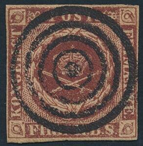 1851. 4 RBS Ferslew. Plade II, nr.5 KRANHOLDS RETOUCH. Fuldrandet mærke med nær perfekt placeret stumt stempel. AFA 3500. Attest Grønlund.