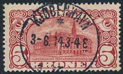 1912. 5 kr. Posthus, brunrød. Vm.III. OMVENDT VANDMÆRKE. PRAGT-mærke, annulleret med retvendt stempel KJØBENHAVN 3.6.14. Attester Nielsen og Møller BPP PRAGTEK