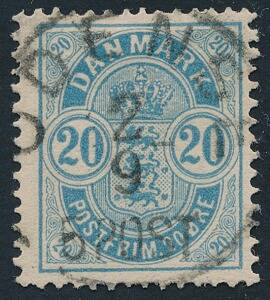 1884. 20 øre, blå. ISOLERET SMÅ HJØRNETAL. PRAGT-stemplet med retvendt ODENSE 2.9.5POST. Sjældent mærke i denne kvalitet. AFA 2500