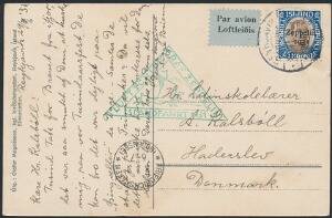 1933. Zeppelin, 1 kr. blåbrun. Single på postkort til Haderslev, Danmark