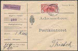 1915. 5 kr. Posthus, brunrød. Vm.IV. Single frankering på smukt adressekort til Thisted, stemplet i KJØBENHAVN 6.9.15. Mærket med let afrundet nø-hjørne, ikke n