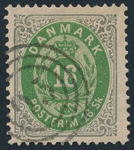 1870. 16 sk. grågrøn. Flot mærke med nr.stempel 93 STOREHEDINGE