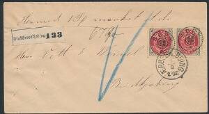 1875. 8 øre, grårød. Parstykke på pragtbrev med stjernestempel SØBY