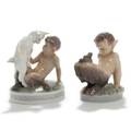 Christian Thomsen Faun med gedekid og faun med frø. To figurer af porcelæn, Kgl. P., dekorerede i farver. Nr. 1012498 og 1713. H. 12-13,5. 2