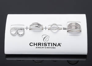 Christina Watches, 3 ringe samt par ørestikker af sterling sølv, str. 59