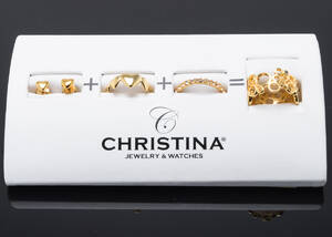 Christina Watches, 3 ringe samt par ørestikker af forgyldt sterling sølv, str. 53