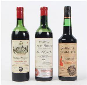 Tre franske vine St. Emilion 1961, Banyuls 1964, Chat. Belgrave 1966 3 