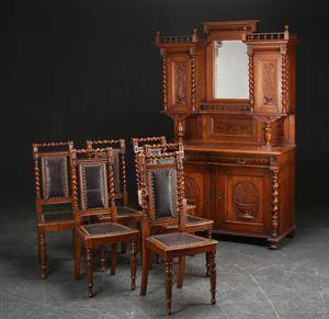 Buffet af eg, ca. 1890 samt seks stole, eg 7