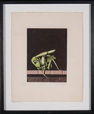 Hans Henrik Lerfeldt , Motiv med græshoppe, håndkoloreret ætsning. 