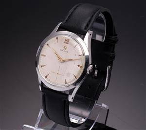 Omega. Vintage herreur i stål med sølvfarvet skive, 1950 erne
