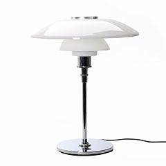 Poul Henningsen PH-4,53,5. Bordlampe med stel af forkromet metal, skærme af fler-lags opalglas. H. 55.