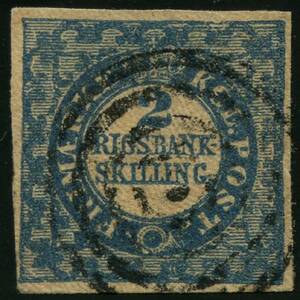 AFA 2a 1851. 2 Rigsbankskilling, Ferslew, Plade I, Position 70, Type 4. Annulleret med stumt stempel. Attest KPK 1986.