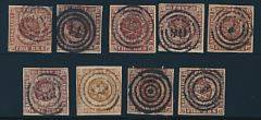 1851-1854. 4 RBS. Lot med 9 pæne mærker