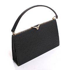 Atelier Bon Goût Vintage håndtaske af sort strudseskind, indvendigt rum og lomme, medfølger cigaretetui. H. ca. 20. B. ca. 32 cm. 1950erne. 2