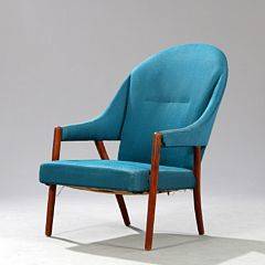 Dansk møbeldesign Armstol med stel af teak. Sider, sæde samt ryg betrukket med turkis uld.