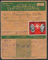 Propagandamærkat BEREDT FOR DANMARK på forsiden af Forbrugerkort 1944. Meget sjælden mærkat og sjælden anvendelse. Mindre defekter