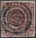 1852. 4 RBS Thiele I. Plade II, no. 5 KRANHOLD RETOUCH. Centralt stumt stempel. Attest Grønlund