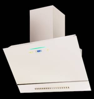 Emhætte væghængt i stål og glas med fjernbetjening.