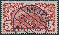 1915. 5 kr. Posthus, brunrød. Vm.IV. Pragtmærke med knivskarpt stempel NAKSKOV 23.11.15
