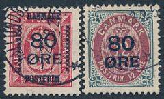 1915. 80 øres provisorier. Flot brugsstemplet sæt, begge stemplet i 1918. AFA 1900